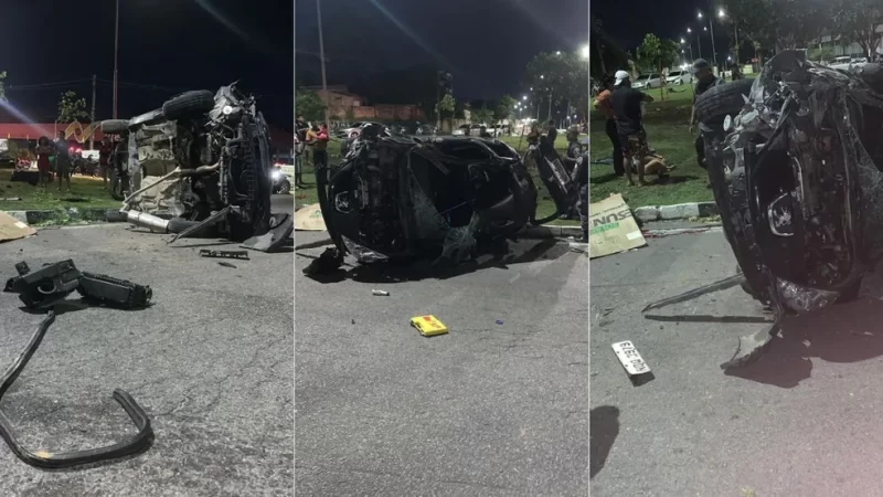 Duas pessoas morrem após carro desviar de moto e capotar em Manaus