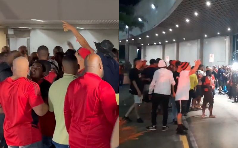 Vídeo: Dezenas de torcedores protestam na chegada do Flamengo ao RJ