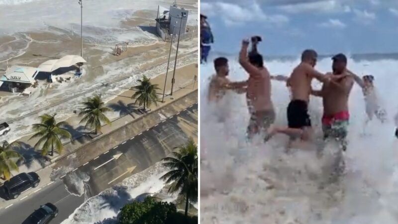 Vídeo: mar em ressaca faz ondas chegarem até o meio da rua no RJ