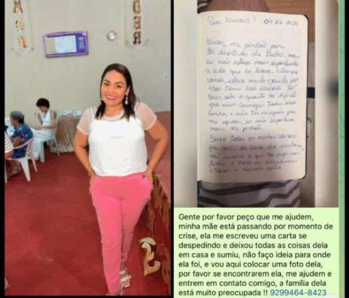Família pede ajuda para encontrar mulher que desapareceu após deixar carta para filho em Manaus