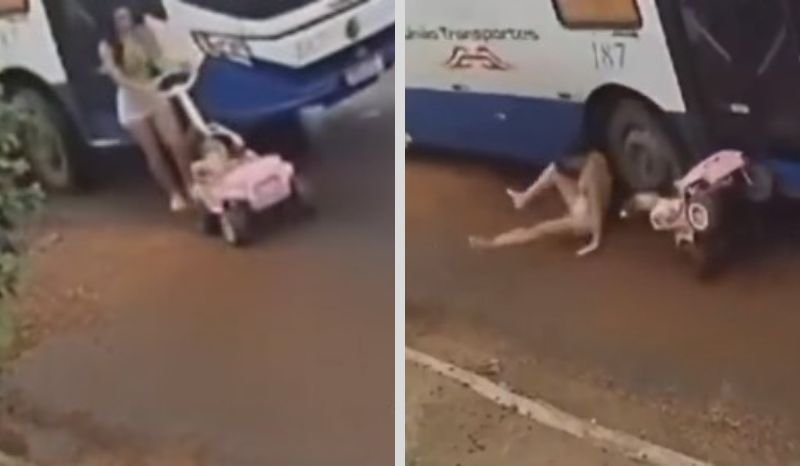 Foto: Divulgação ‘POR UM TRIZ’: motorista desvia de buraco e atinge mãe e bebê em carinho