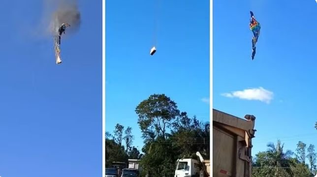 Queda de balão em Praia Grande (SC) — Foto: Redes Sociais/Reprodução VÍDEO mostra momento em que balão cai em Santa Catarina; acidente deixa 8 mortos