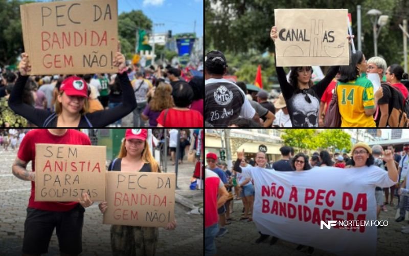 Manifestantes tomam as ruas do centro de Manaus em protesto contra a PEC da Blindagem e por “sem anistia” a envolvidos em atos de 8 de janeiro