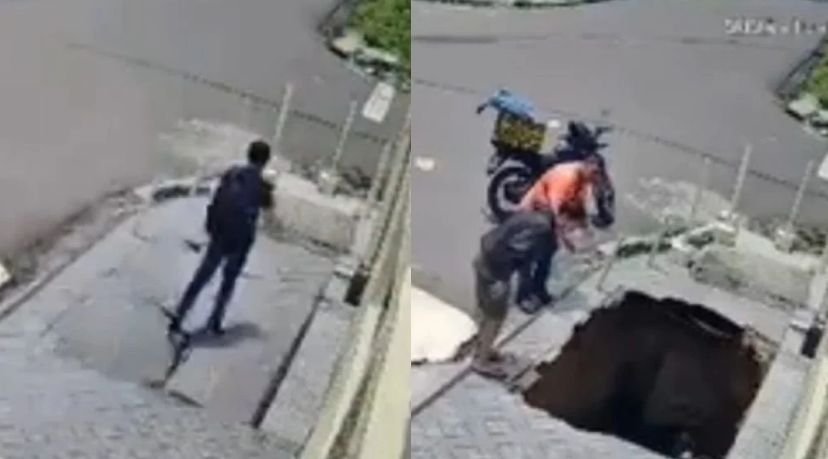 Buraco se abriu de forma repentina enquanto o rapaz caminhava VÍDEO: Calçada cede e homem que andava por ela afunda em buraco na Zona Oeste de Manaus