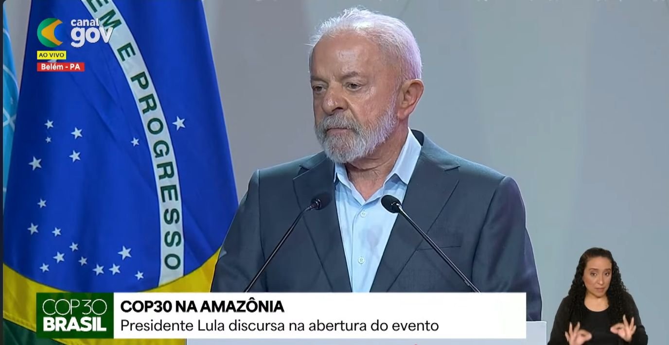 O presidente Lula participa da cerimônia de abertura da Cúpula do Clima de Belém, Cop30 - Reprodução/YouTube/CanalGov Emergência climática é uma crise da desigualdade, diz Lula na COP30