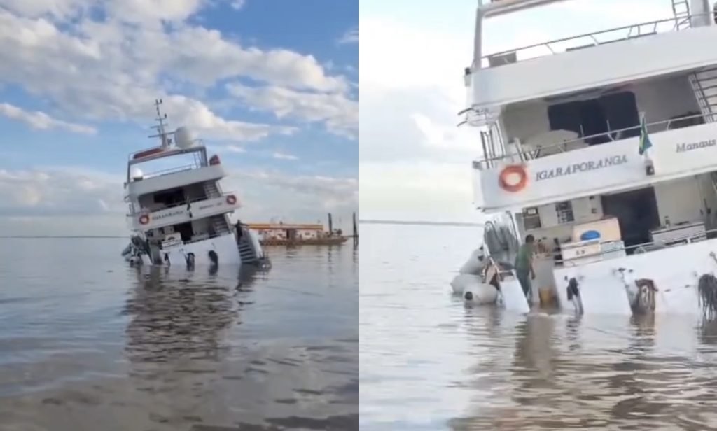 Iate de luxo tomba durante ancoragem no rio Tapajós, em Santarém