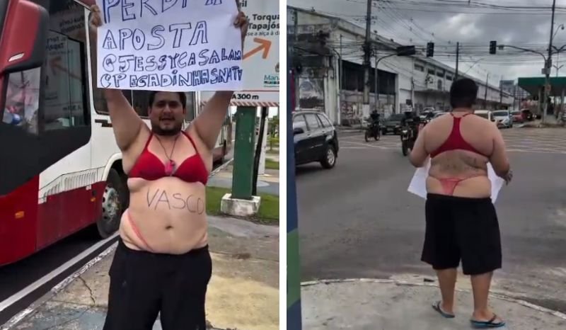 Influenciador cumpre promessa e desfila com calcinha e sutiã em frente à Arena da Amazônia após derrota do Flamengo