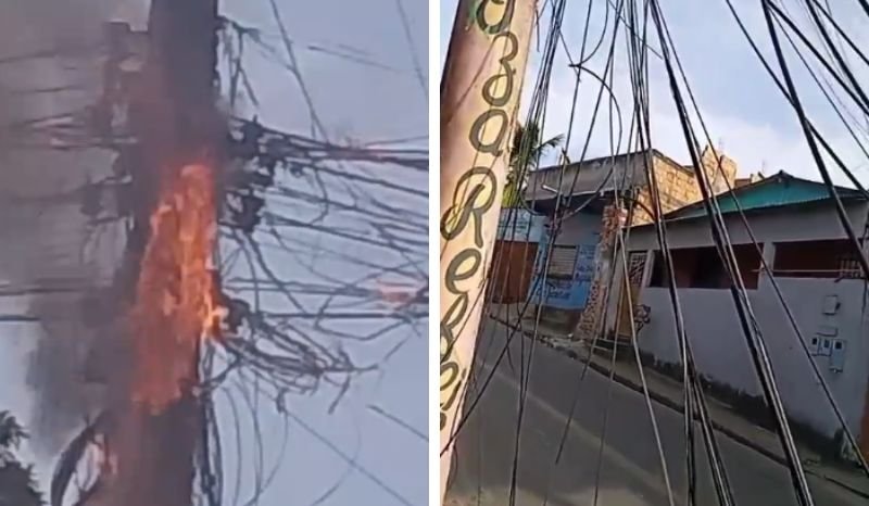 Morador fica ‘preso’ em casa após poste pegar fogo e emaranhado de fios bloquear garagem