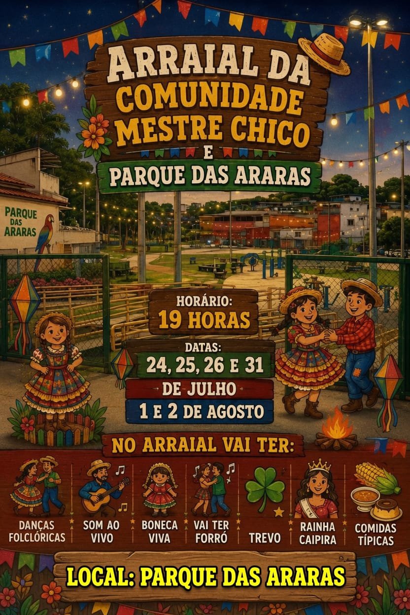 Arraial da Comunidade Mestre Chico e Parque das Araras promete movimentar cultura e economia local