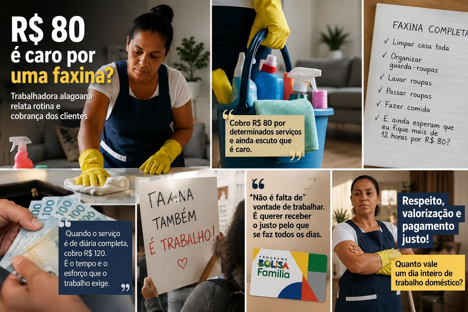 R$ 80 é caro por uma faxina?
Uma trabalhadora alagoana, conhecida como Paulinha, compartilhou um desabafo sobre a rotina de quem trabalha com serviços domésticos e as cobranças de alguns clientes - Foto: Canva, IA O preço da sujeira alheia: o que está por trás dos R$ 80 de uma faxina?