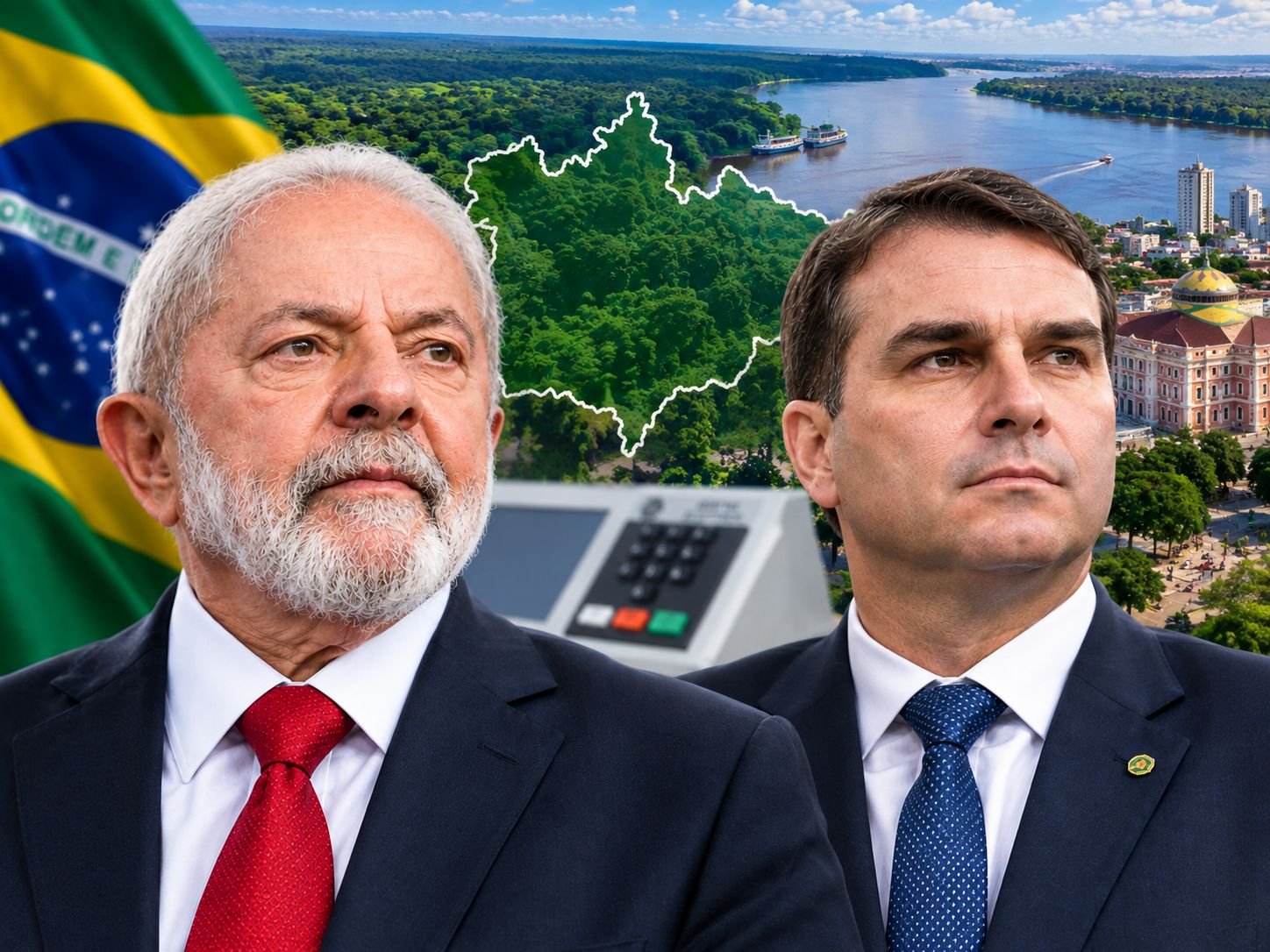 Lula mantém vantagem sobre Flávio Bolsonaro em sondagens sobre intenção de voto - Foto: Canva, Chatgpt Interior do Amazonas impulsiona Lula e garante liderança na disputa presidencial, aponta Pontual