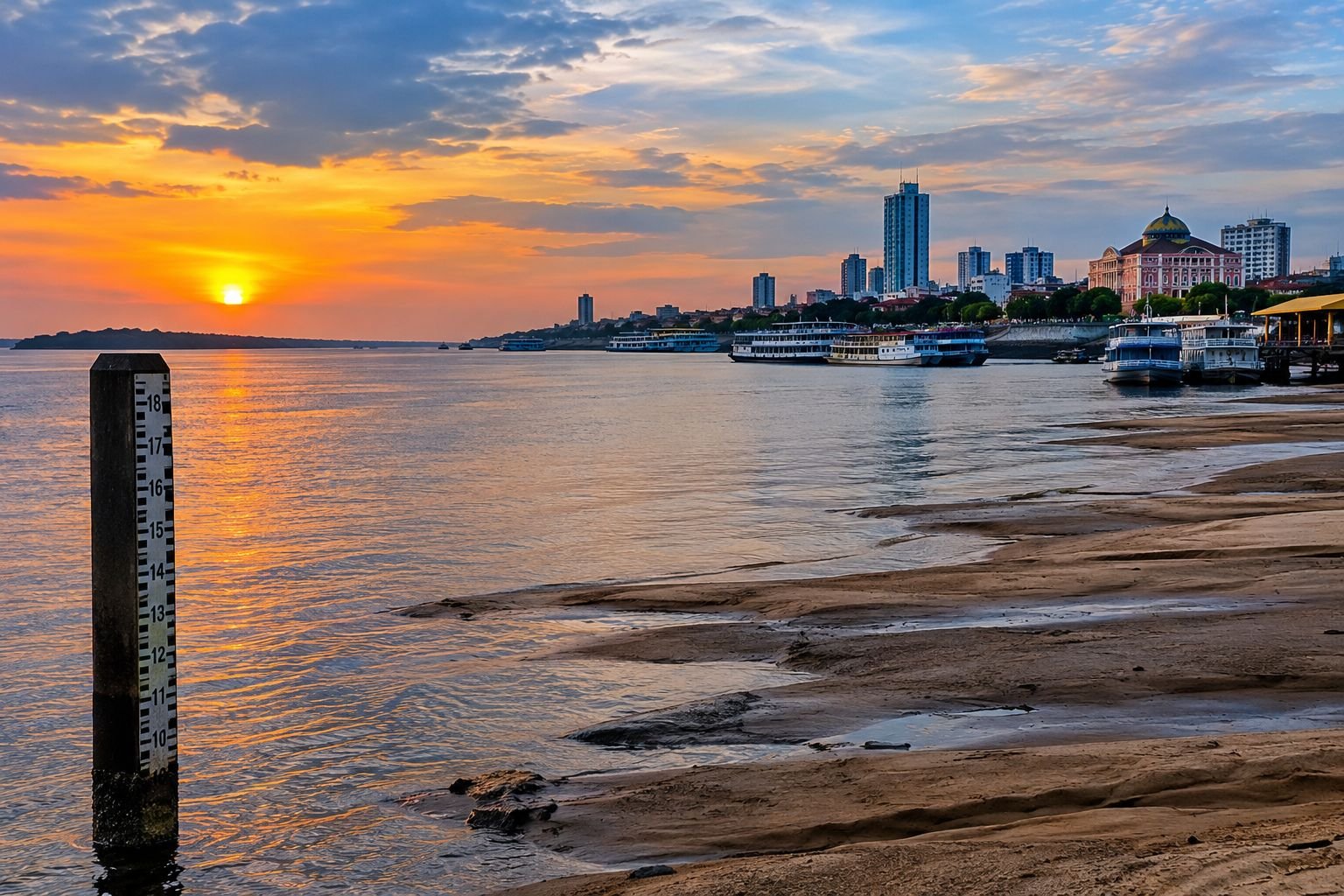 O Rio Negro segue em processo regular de vazante em Manaus e já está abaixo da marca de 18 metros. Segundo o Serviço Geológico do Brasil (SGB), o nível é considerado normal para esta época do ano - Foto:
Canva, Chatgpt Rio Negro recua e fica abaixo dos 18 metros em Manaus durante vazante